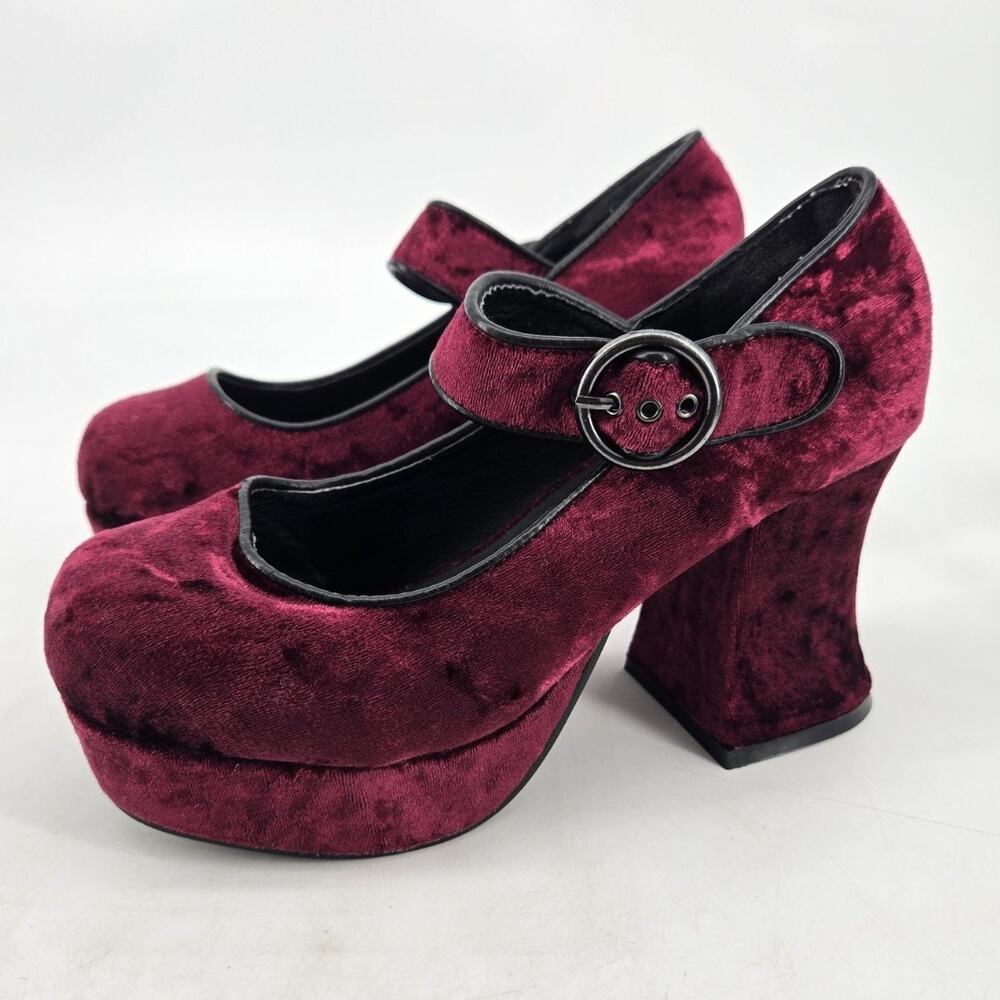 T.U.K Marley Crushed Velvet Whimsigoth Burgundy Chunky Mary Jane Heel Shoe Sz 7